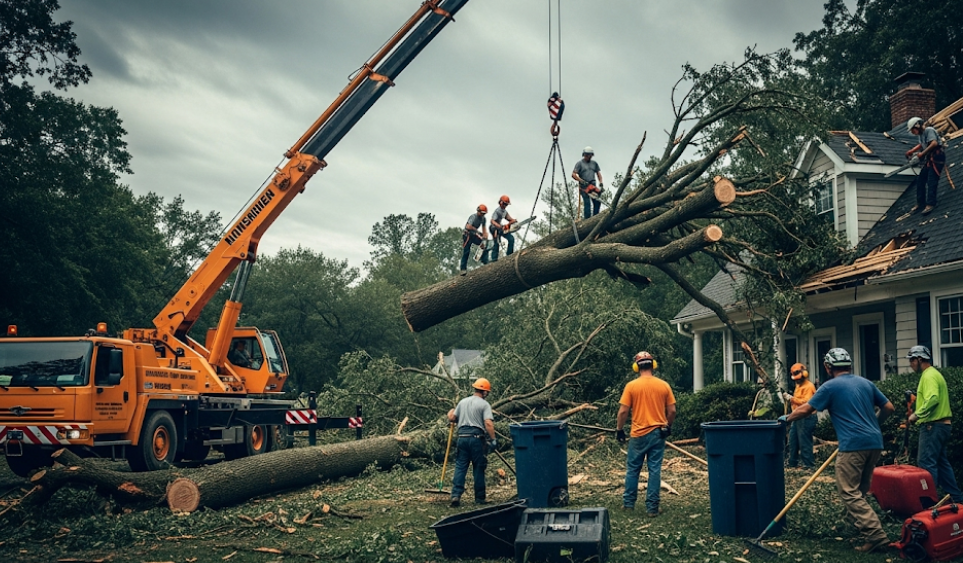 Professional crew removing a fallen tree from a home using crane and chainsaws.