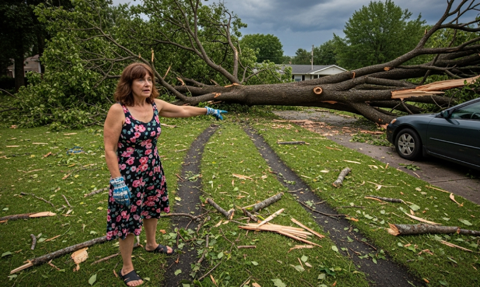 Texas homeowner relieved after emergency tree narrowly misses her car during a storm.