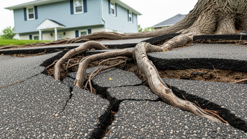 Tree roots damaging a residential driveway, showing the need for proper tree care.