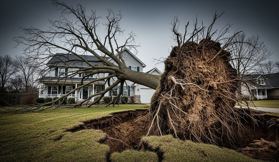 Leaning dead tree posing a threat to nearby house and property foundation.