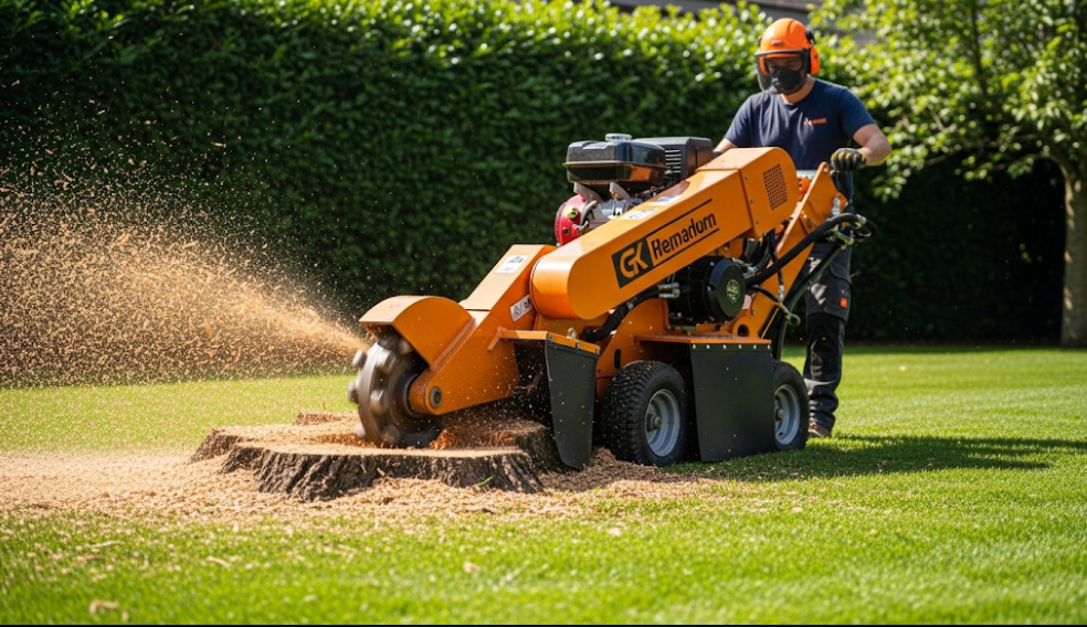 Stump grinding machine removing a tree stump after tree cutting.