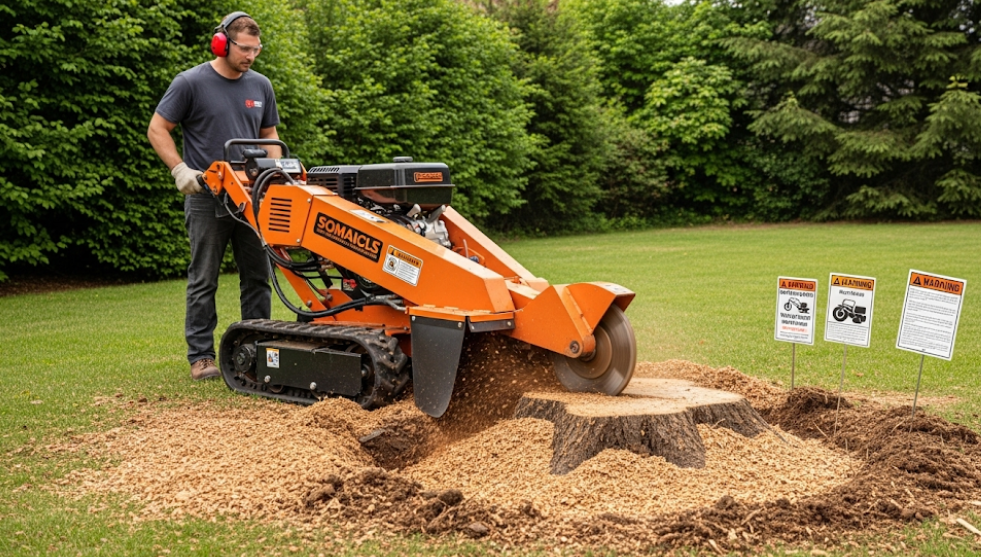 Stump grinding process with safety setup and operator grinding stump below soil level.