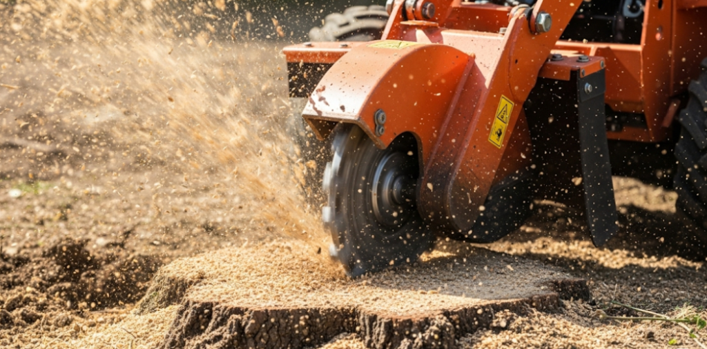 Stump grinder blade cutting into a tree stump during the grinding process.