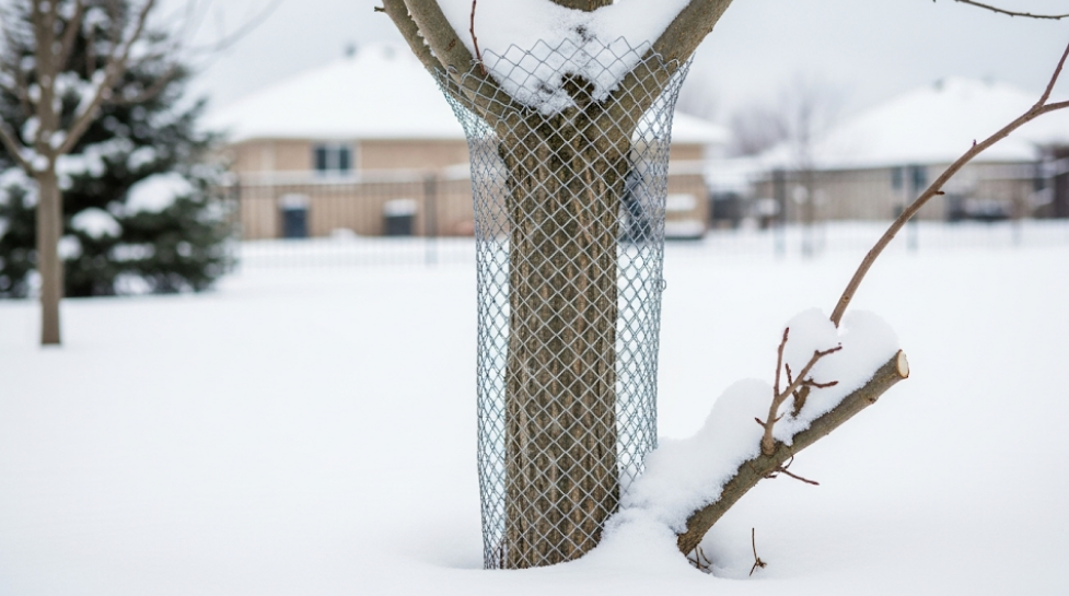 Tree protected with metal mesh guard to prevent winter animal damage.
