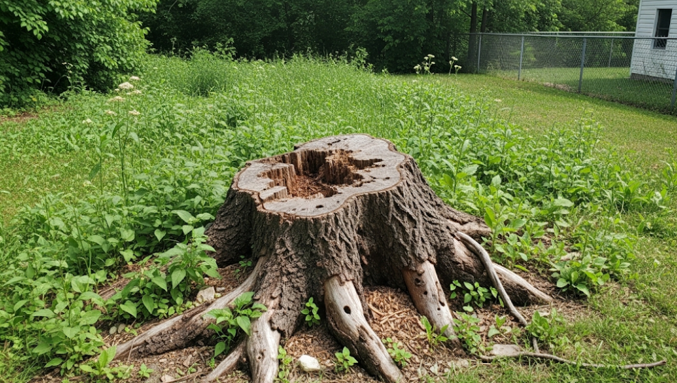 Homeowner using a small rented stump grinder for DIY stump removal.