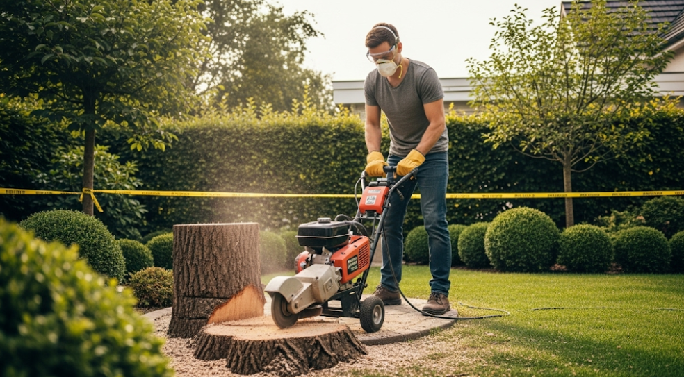 Homeowner using a small rented stump grinder for DIY stump removal.