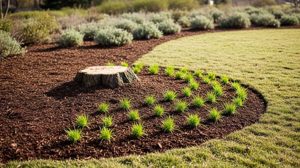 Freshly mulched and leveled ground after stump grinding, with new grass growing.
