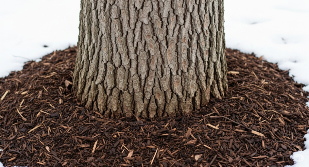 Mulch protecting a tree base in winter to retain moisture and insulate roots.