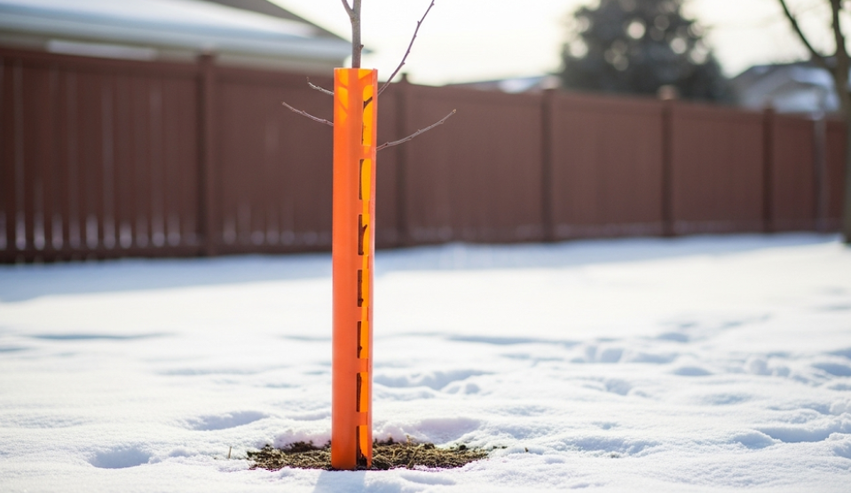 Tree guard and fencing used to protect young trees from winter wildlife damage.