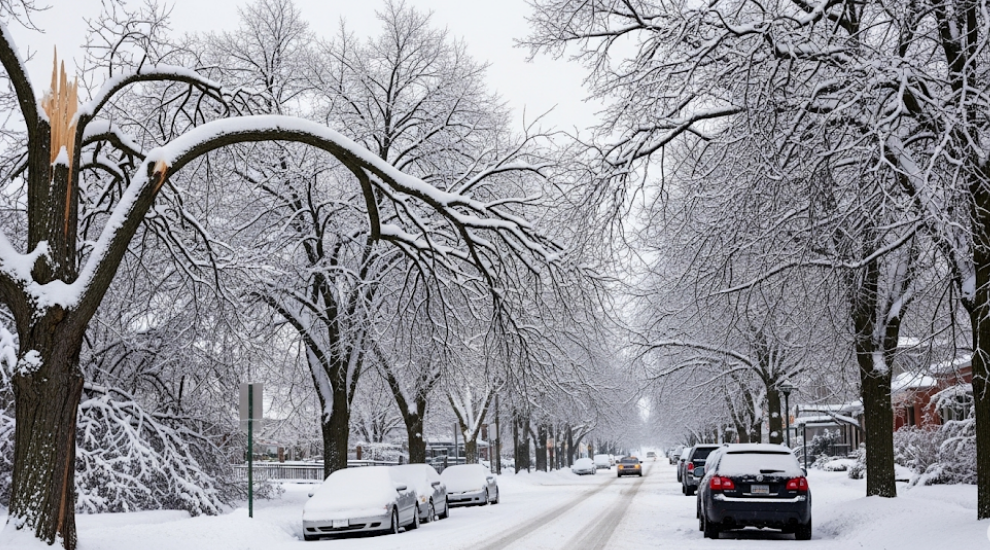 Tree branches snapped from heavy snow and ice in a typical Fort Wayne winter storm.