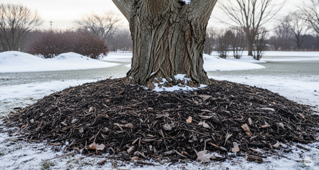 Mulch applied around a tree base to protect roots during a Fort Wayne winter.