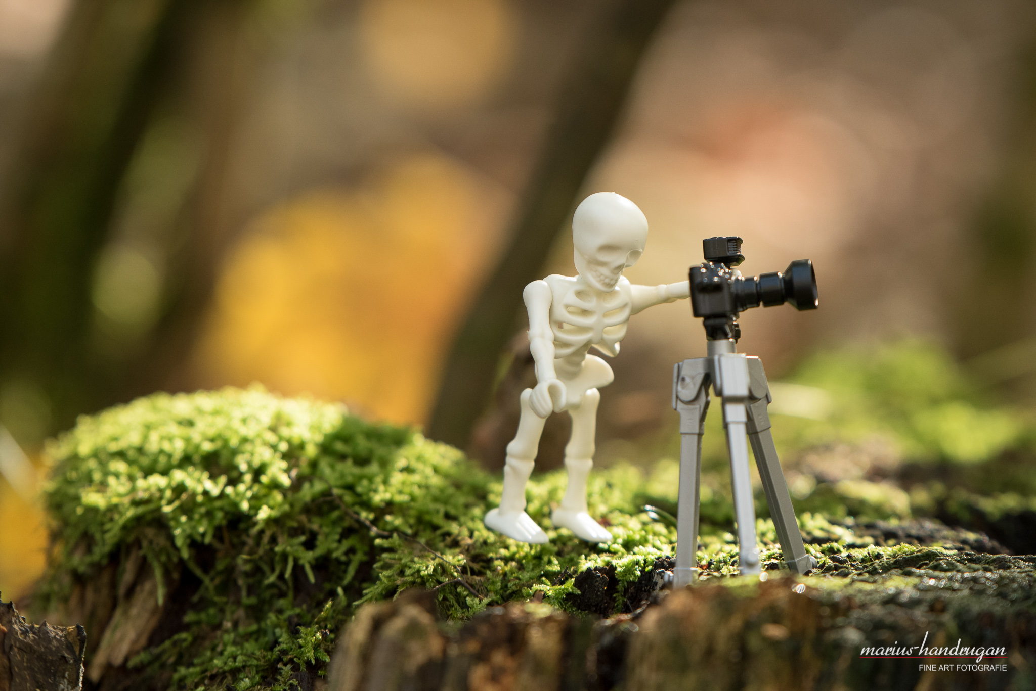 Playmobil Skelett mit Kamera im Wald