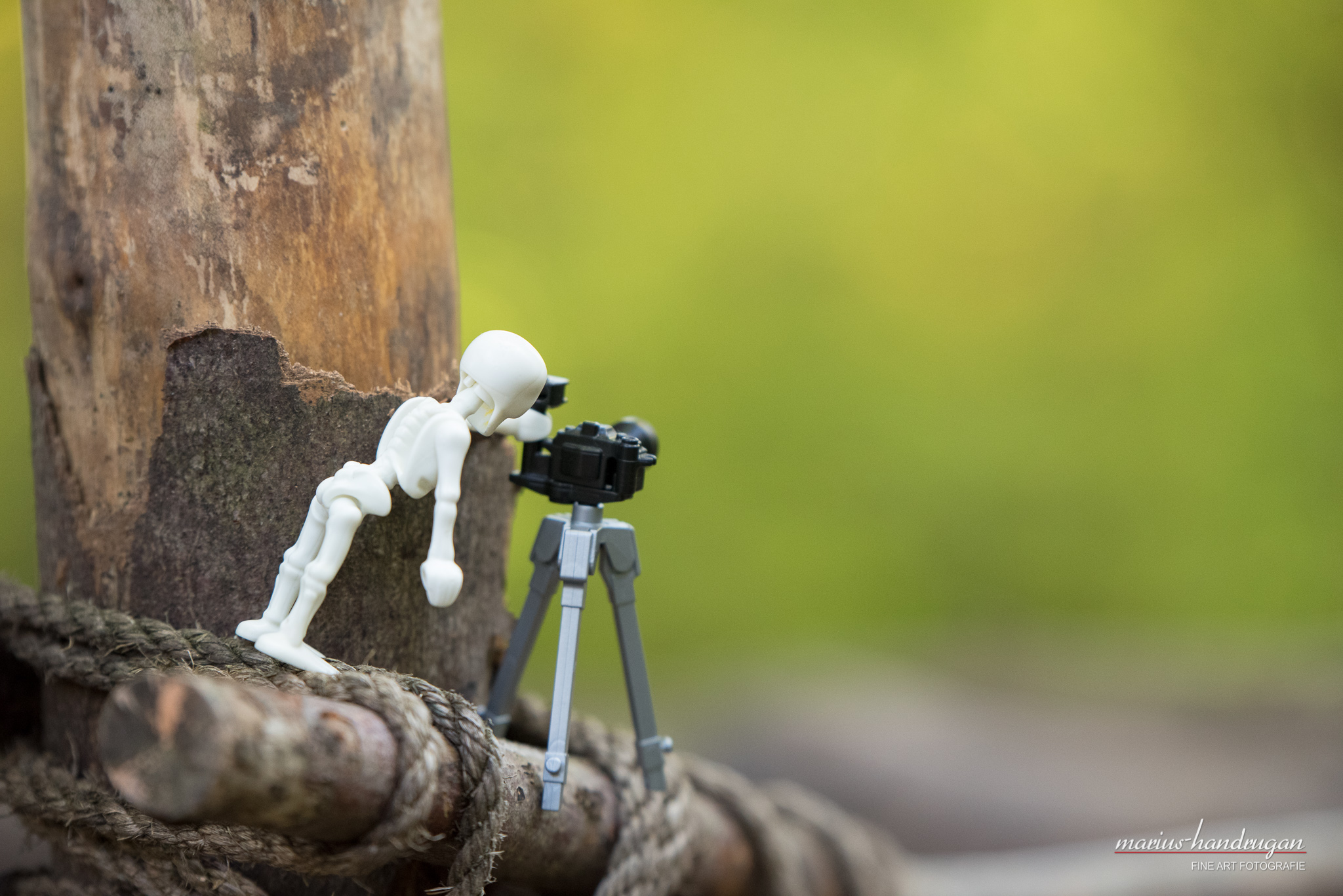Playmobil Skelettfigur mit Kamera vor unscharfem Hintergrund