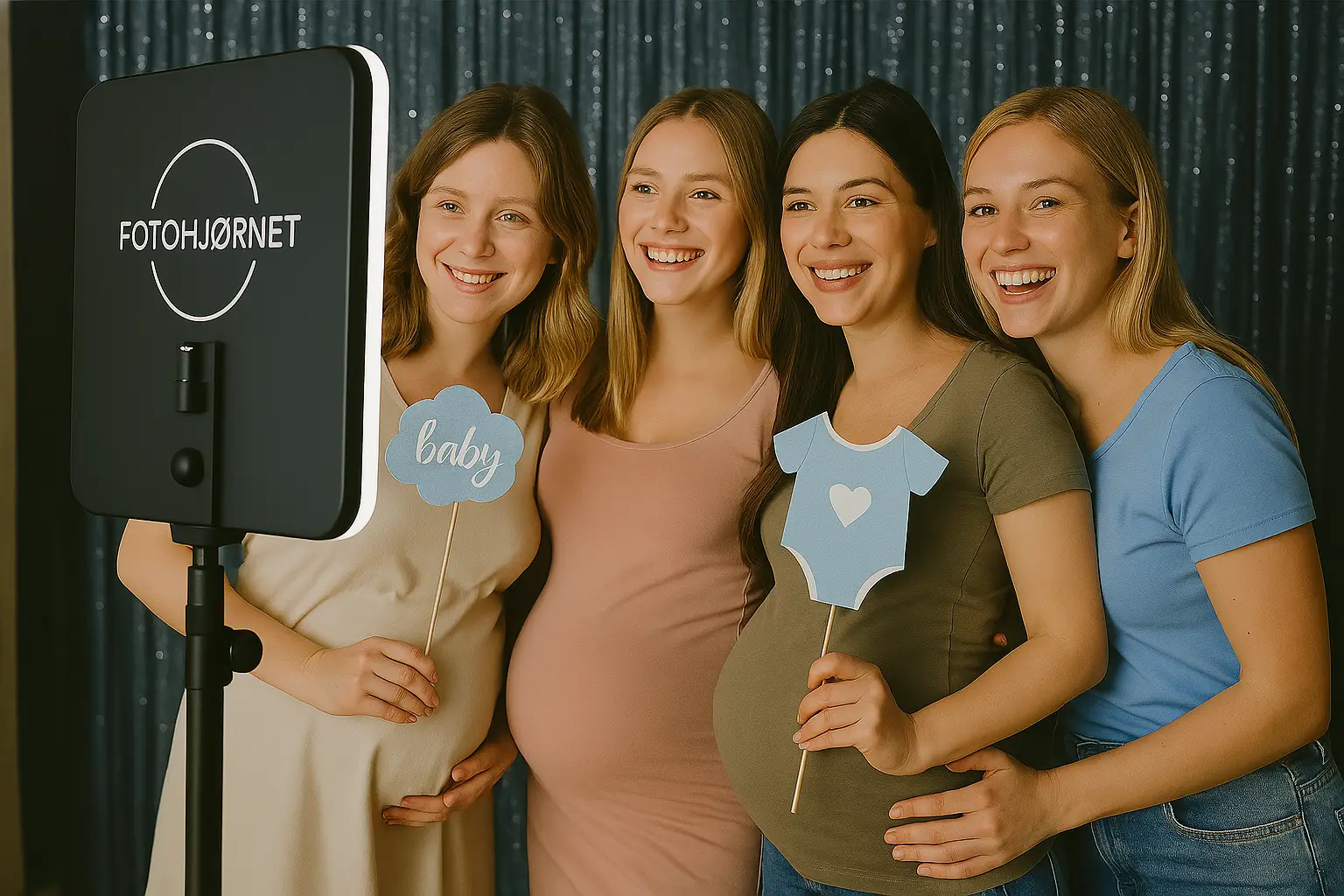 Venner feirer med photobooth på baby shower