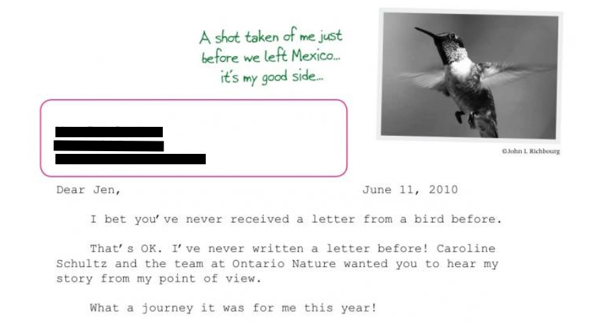 Screenshot of a DM letter. Top right is an image of a hummingbird, with the caption "Here's a photo of me before leaving Costa Rica".