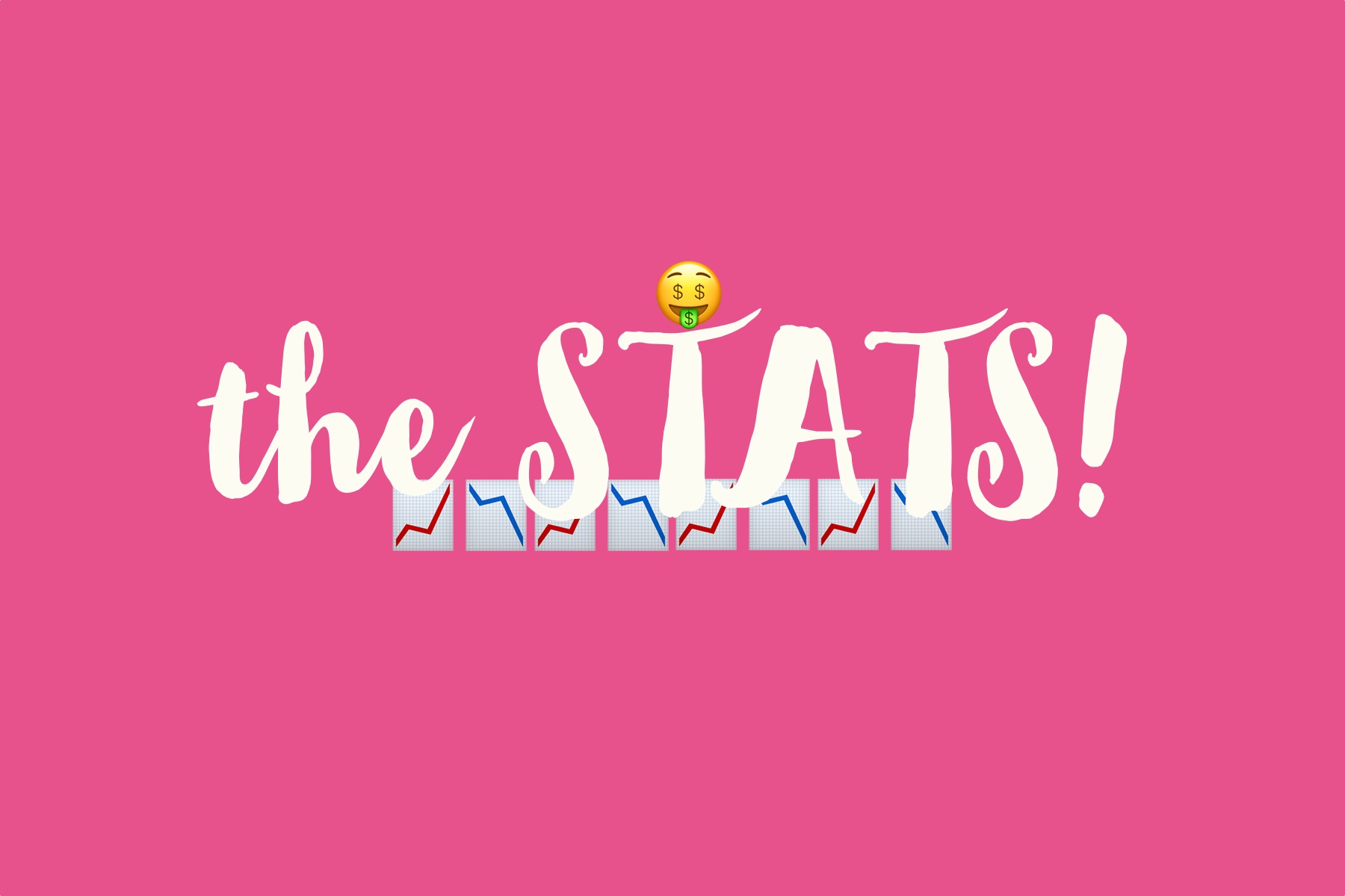 the words The STATS on a pink background with graph emojis and the money loving smiley emoji