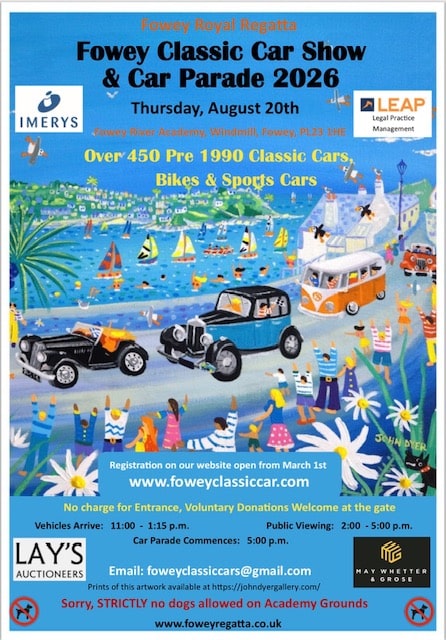 Fowey Classic Car Show 20th August 2026. 5pm Parade through the town and Pinnock Tunnel