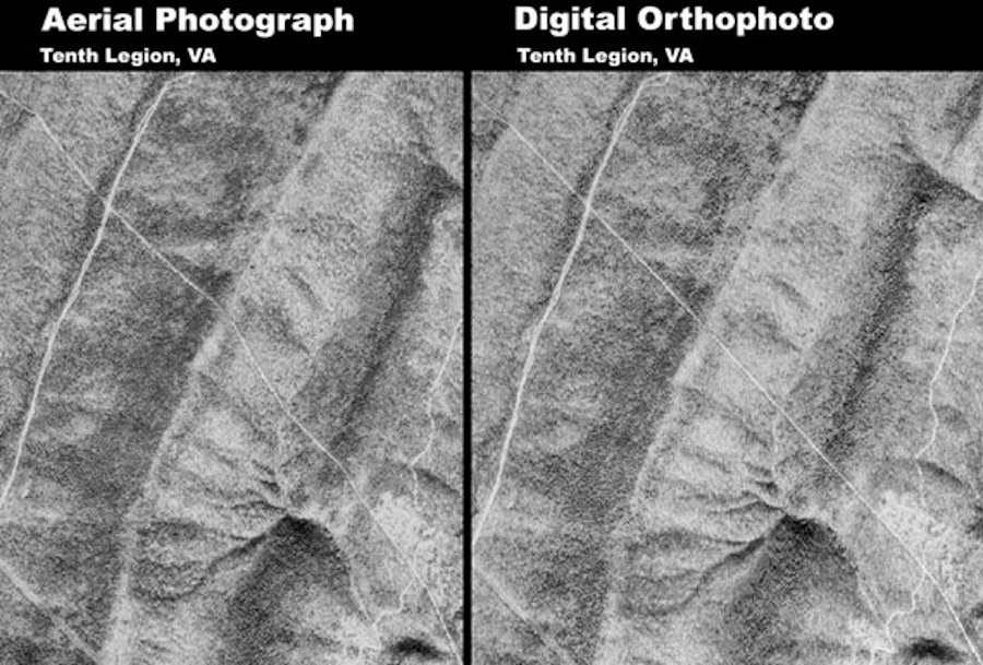 Image showing comparison between an aerial photograph and a corrected orthophoto.