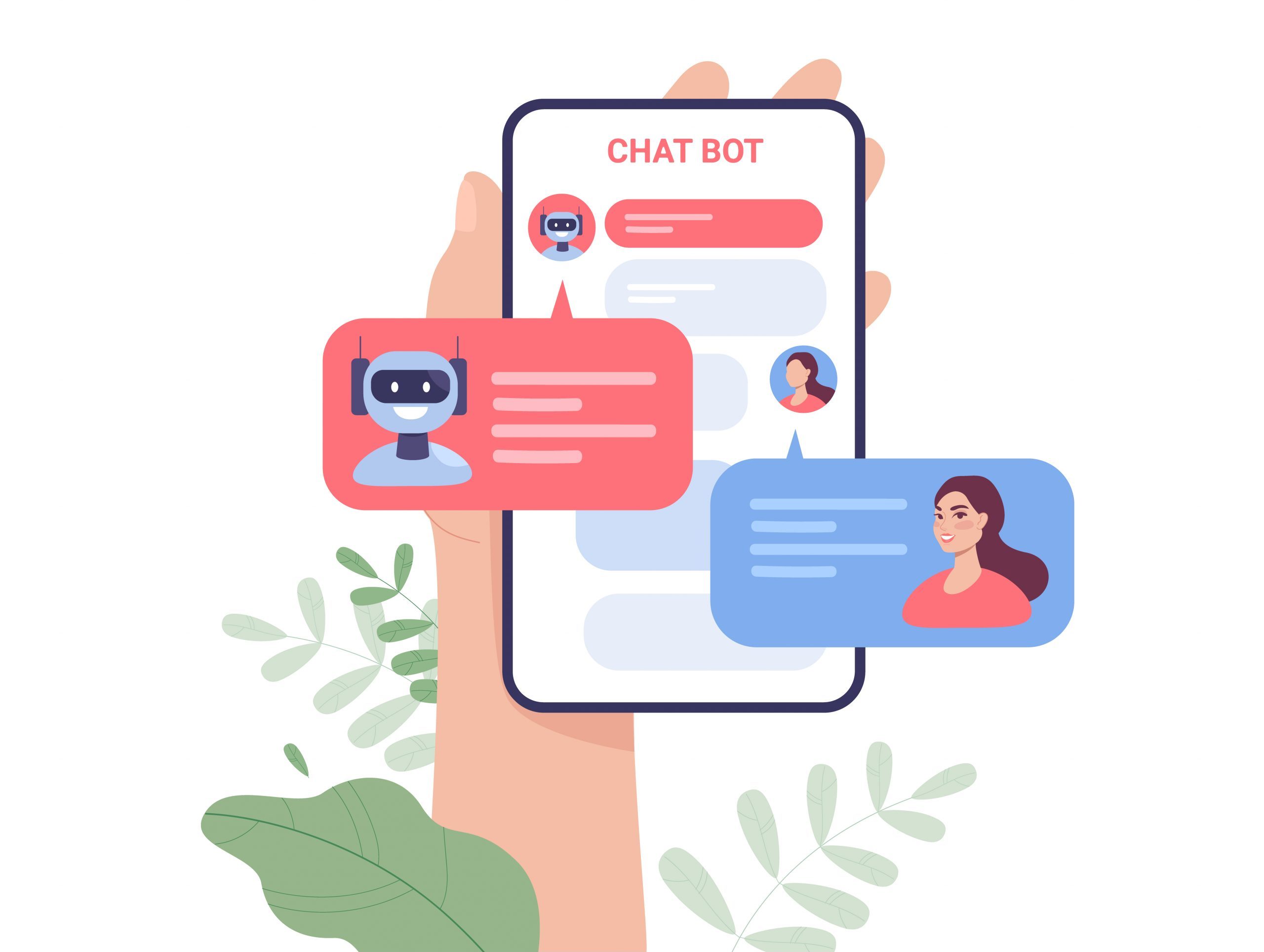 Hand holding phone with conversation of girl and chat bot