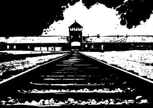 Tecknad bild föreställande ingången till Auschwitz
