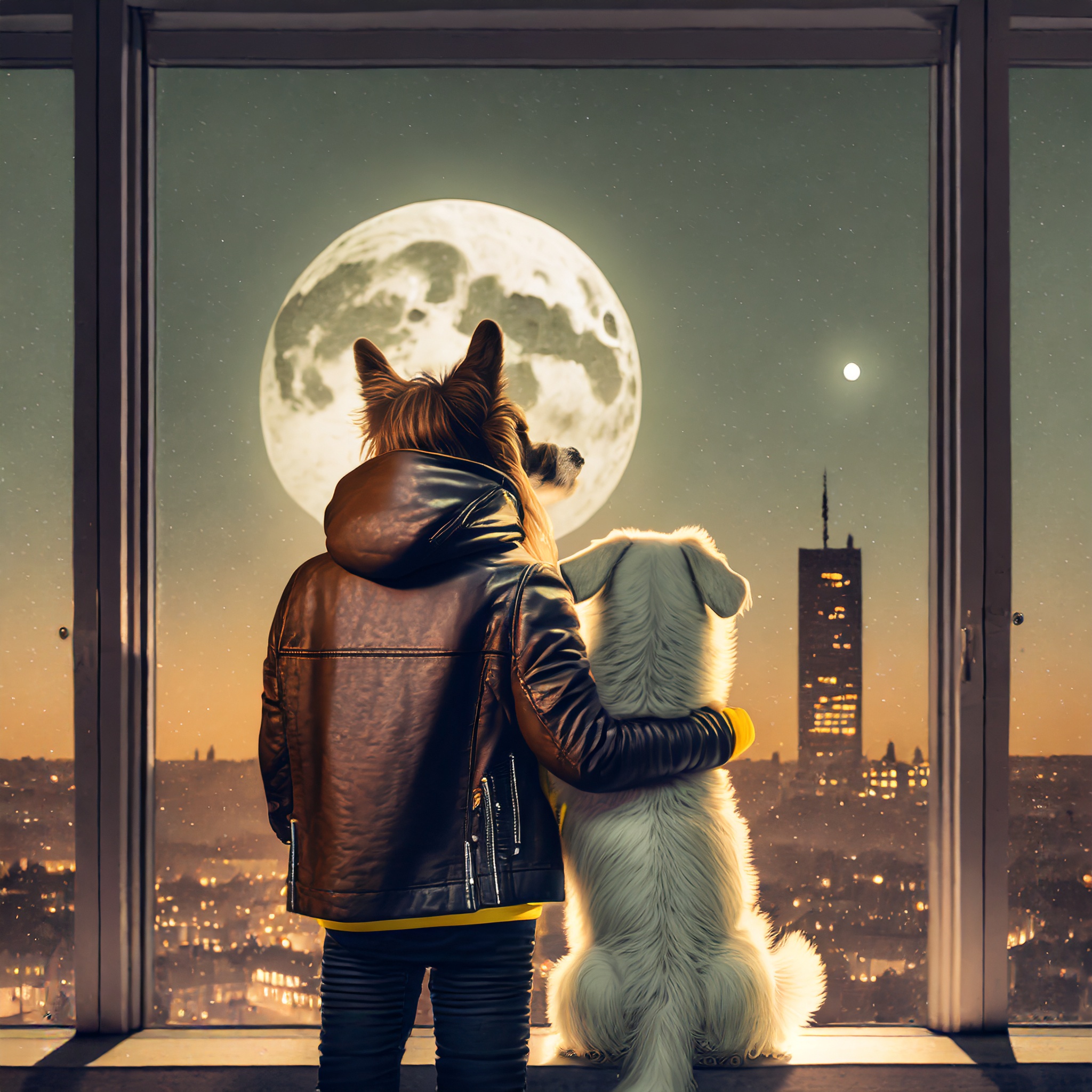 AI genererad bild med en människokropp med hundhuvud bredvid en hund som tittar ut över en stad med månen i bakgrunden.