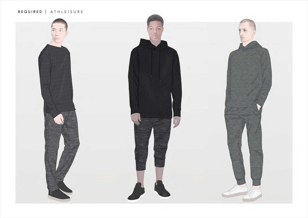A fashion design presentation board showing three fashion design illustrations of men wearing minimal Athleisure wear outfits in black and dark green of the Dutch fashion brand The Sting