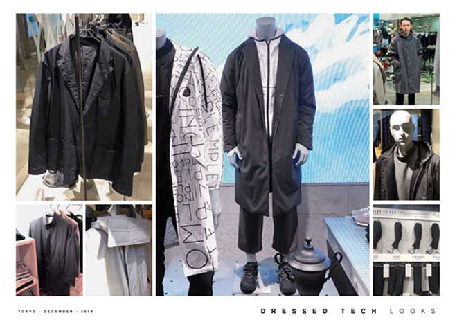 A fashion design mood board showing minimal Japanese sportswear outfits