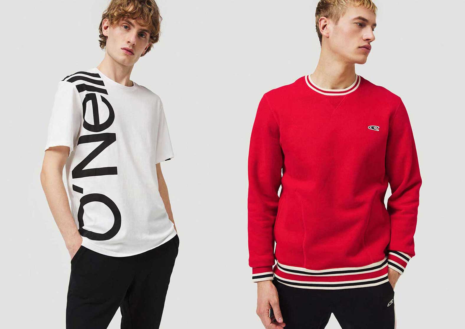 The man left wearing a white T-Shirt with a bold O'Neill logo and the man left wearing a red sweatshirt with striped cuffs and waistband