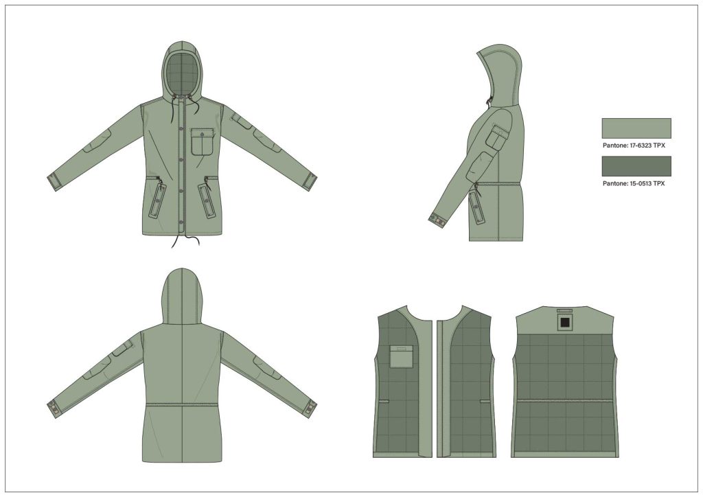 a tech pack for a green mens parka