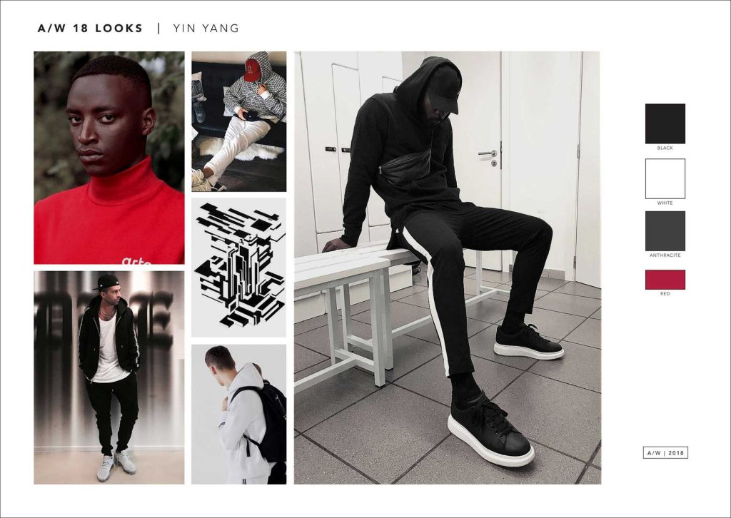 A mood board for a streetwear collection for men showing an African American man with a black skinny track pants and black and white Alexander Mcqueen sneakers