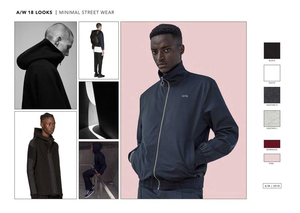 A fashion design mood board showcasing a minimal streetwear direction for men