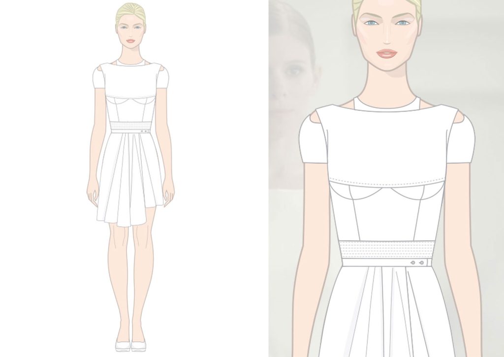 A presentation board for a luxury fashion brand for women showcasing two illustration of women wearing white designer dresses