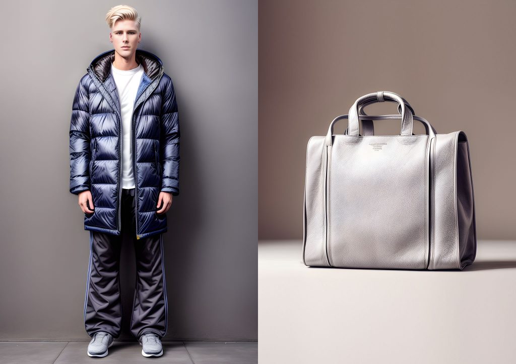 An image of menswear designer of a shiny dark blue long down jacket and track pants and a minimalist bag visualized on a blonde man standing against a grey background