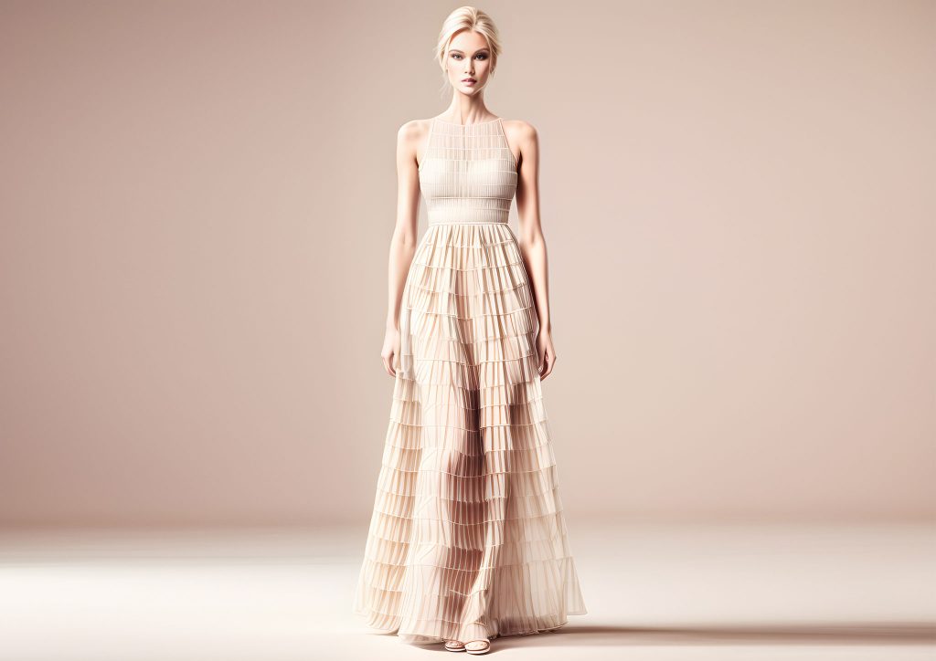 A blonde fashion model is wearing a long skin colour Chiffon summer 2024 dress