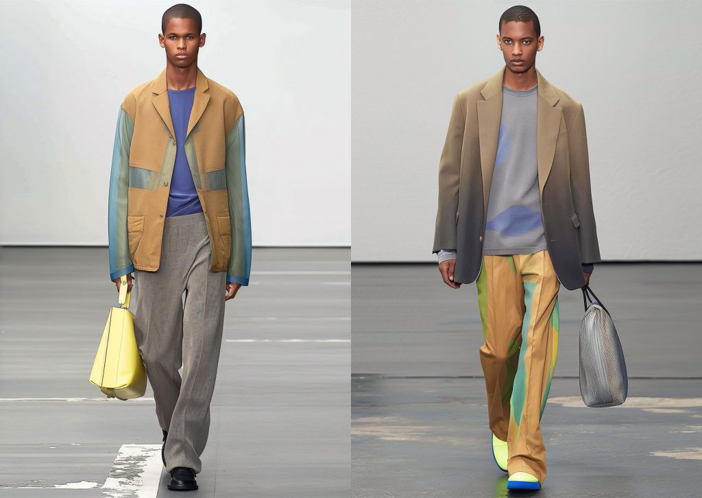 Two black men walking on a catwalk showcasing contemporary menswear summer looks in neutral colors with yellow and blue accents.