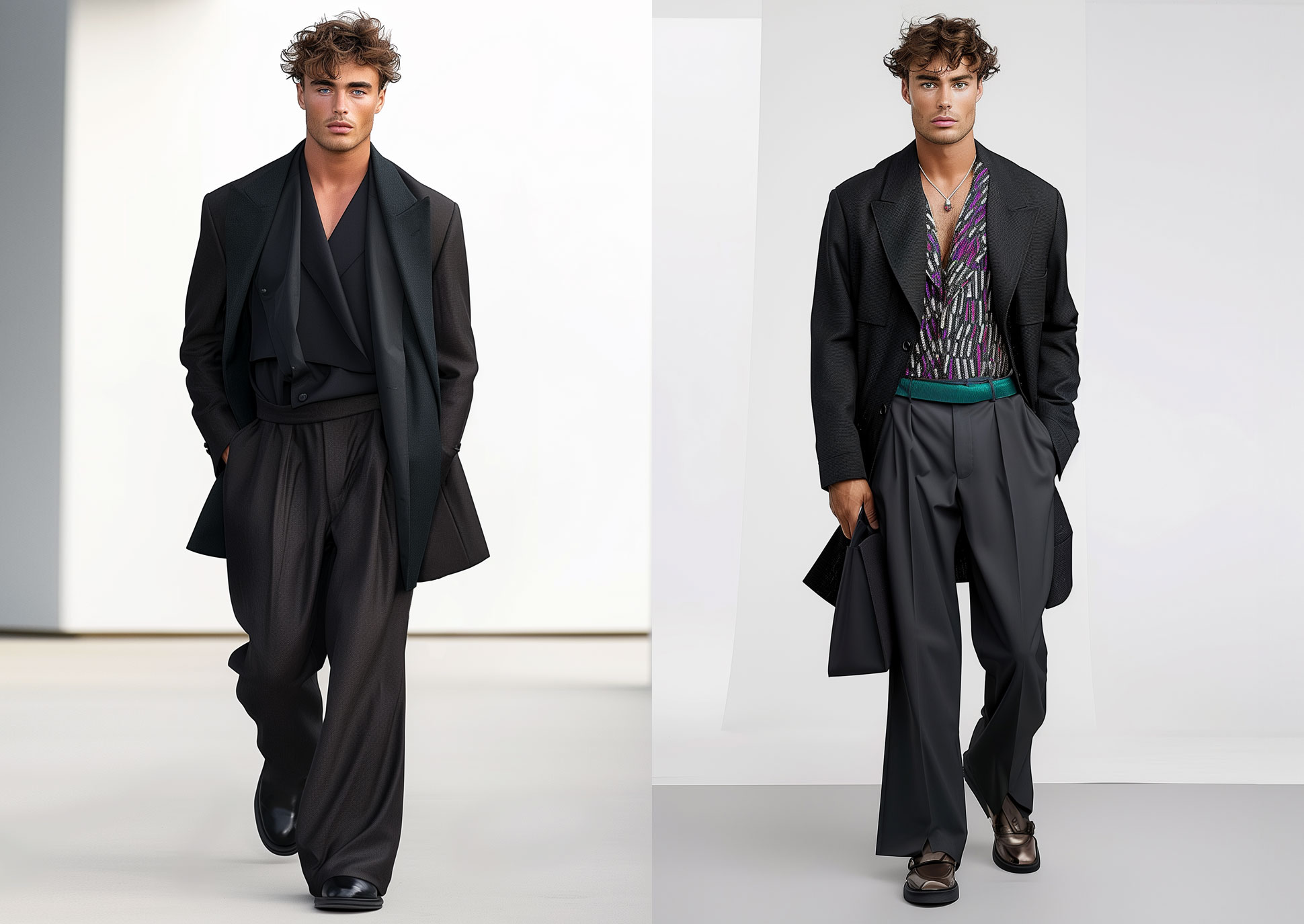 Two Caucasian male high-end fashion models walk on a catwalk wearing a grey with purple outfits consisting of loose fitting blazers and trousers.
