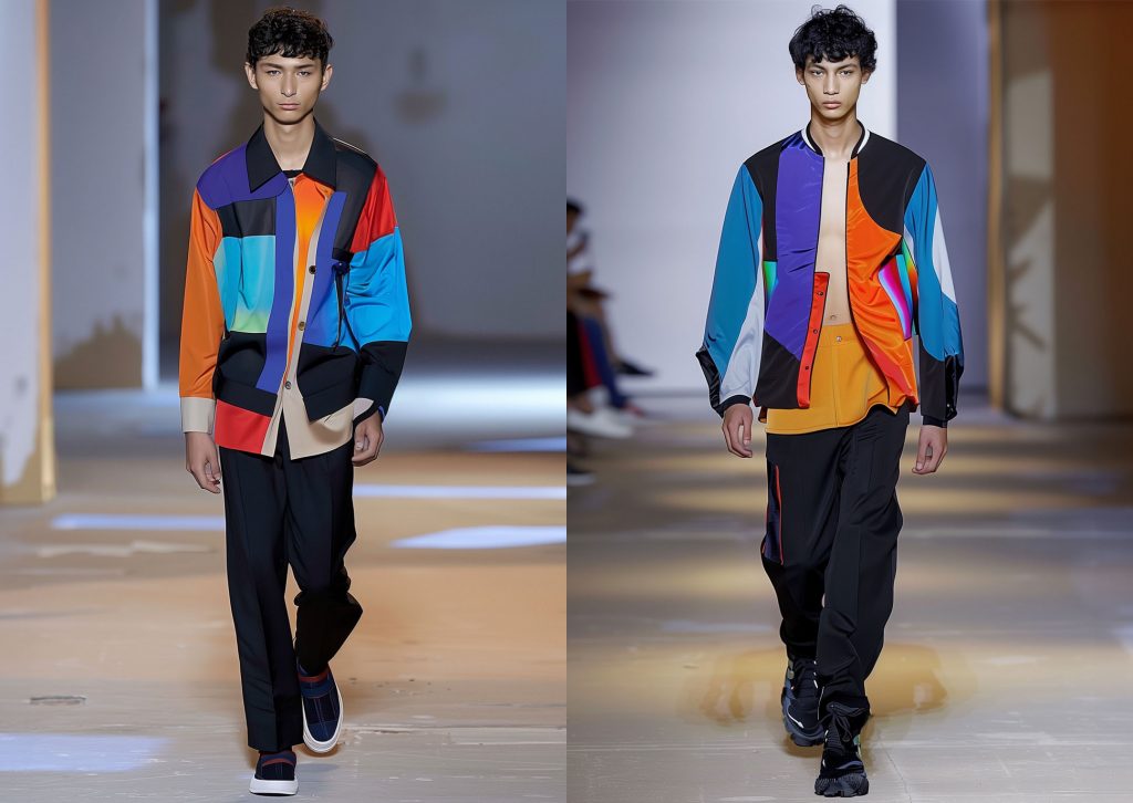 Two male fashion models on a catwalk are wearing color block streetwear fashion outfits