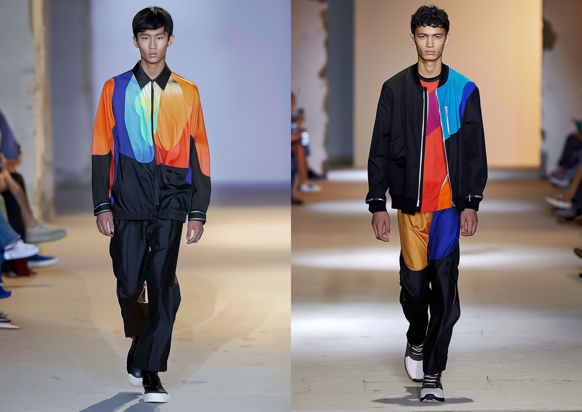 Two male fashion models on a catwalk are wearing color block streetwear fashion outfits
