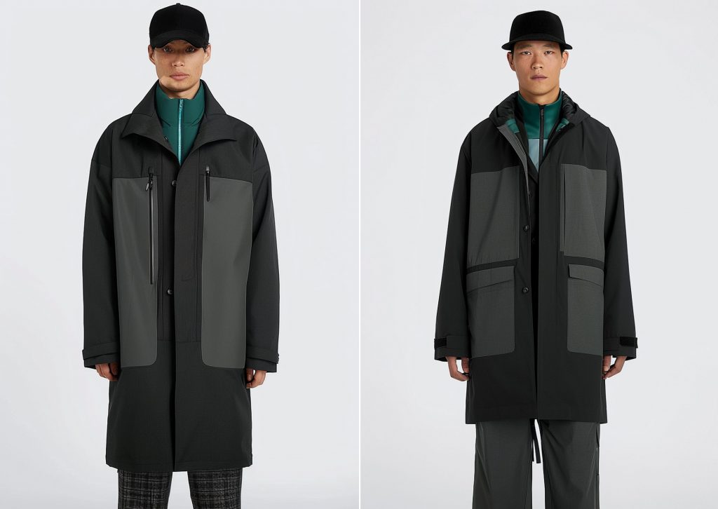 Two Japanese men are wearing minimalist Goretex parkas in dark colors