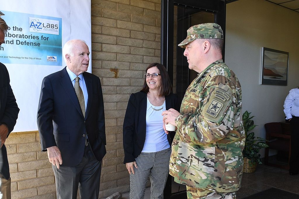 U.S. Army Chief of Staff Gen. Mark A. Milley meets with Senator John McCain during a visit to the Arizona Cyber Warfare Range, Mesa, Ariz., Sgt. Jamill Ford, U.S. Army U.S. Army Chief of Staff Gen. Mark A. Milley meets with Senator John McCain during a visit to the Arizona Cyber Warfare Range, Mesa, Ariz., Sgt. Jamill Ford, U.S. Army