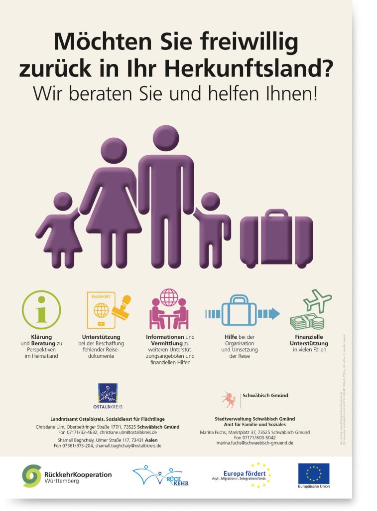 Plakat Rückkehrkooperation Baden Württemberg Amt für Familie und Soziales Schwäbisch Gmünd freitagundhaeussermann