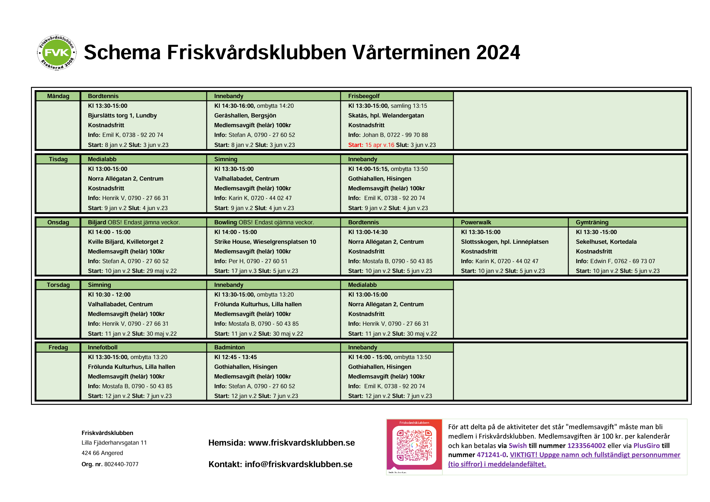 Friskvårdsklubbens Aktuella Schema