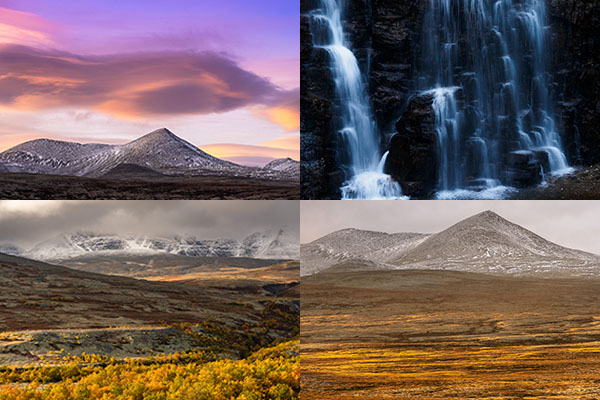Fjällandskap i solnedgång, detalj av vattenfall med lång slutartid, höstfärgade dalar och snötäckta fjäll. Exempel på motiv under fotoresan till Rondane nationalpark 2026.