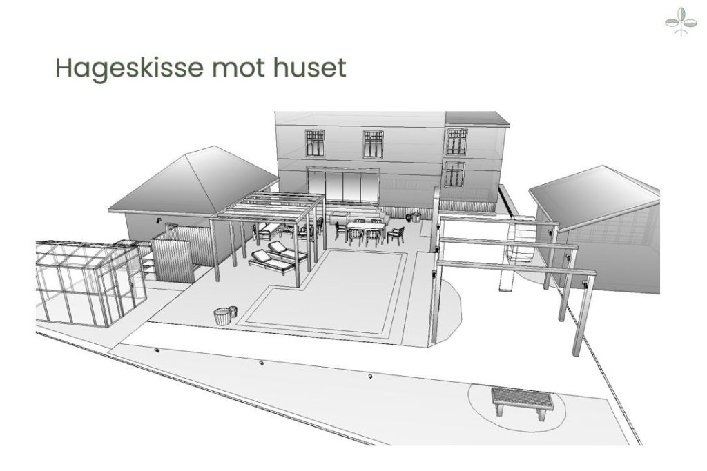 Hageskisse 3D svart hvitt mot huset