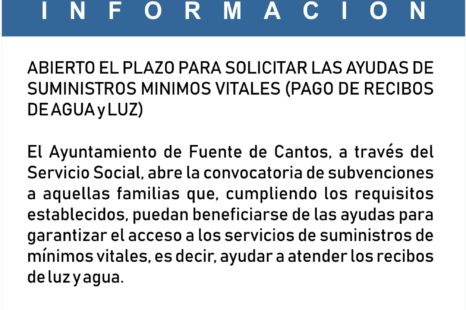 ABIERTO EL PLAZO PARA SOLICITAR LAS AYUDAS DE SUMINISTROS MINIMOS VITALES (PAGO DE RECIBOS DE AGUA y LUZ)