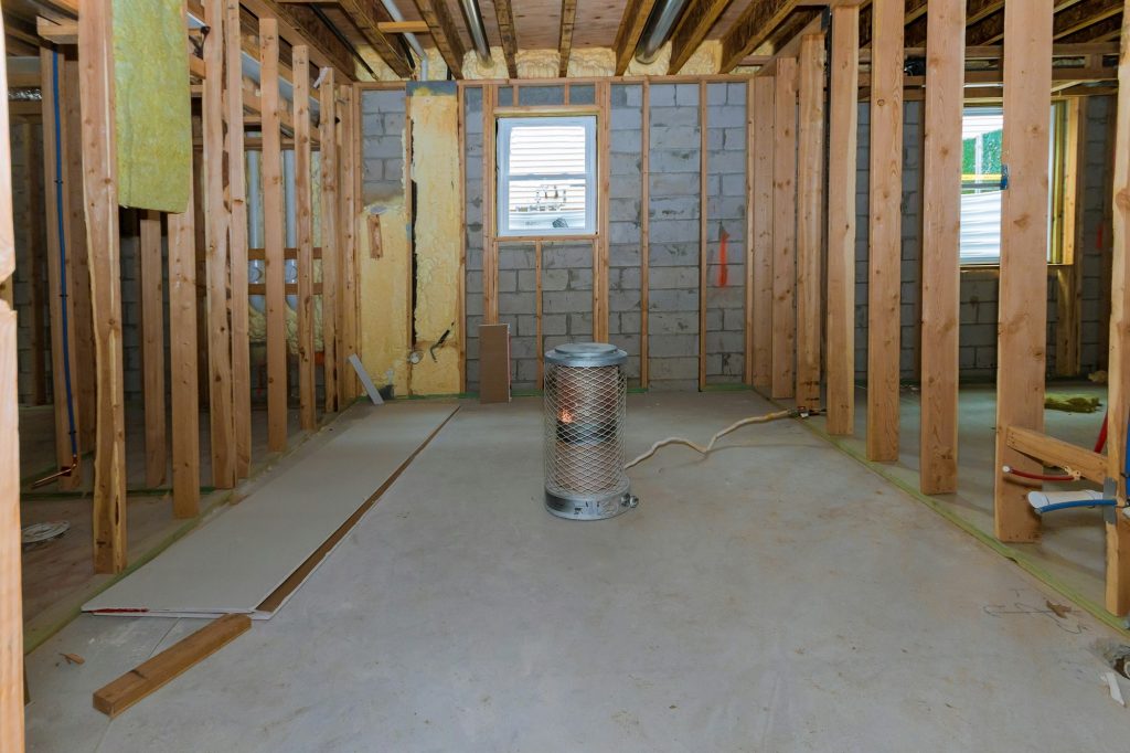 Interior frame of a basement new house unfinished basement under construction