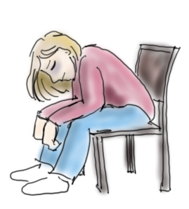 A drawing of a woman sitting on a chair, looking exhausted