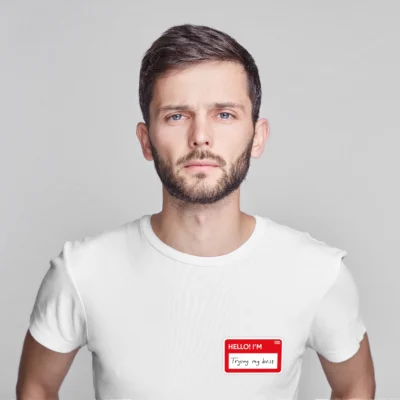 man with FunkForm t-shirt that says "Hello! I'm trying my best"
