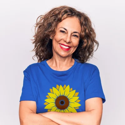 happy woman with FunkForm t-shirt with sunflower design
