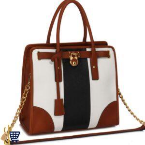 Black/White/Burgundy Colour Block Tote Handbag 1